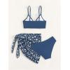 imageGirls 3 Piece Swimsuit Sets O Ring Wireless Bathing Suit with Ditsy Floral Mesh Cover Up SkirtDeep Blue