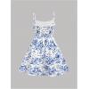 imageGirls Floral Print Summer Dress Bowknot Ruched Bust A Line Cami Dress High Waist Ruffle Hem Cute Sun DressesLight Blue