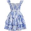 imageGirls Floral Summer Dress Ruffle Shirred High Waist Ruched Sweetheart A Line Spring DressBlue White Floral