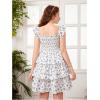 imageGirls Floral Summer Dress Ruffle Shirred High Waist Ruched Sweetheart A Line Spring DressBlue and White