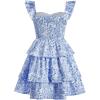 imageGirls Floral Summer Dress Ruffle Shirred High Waist Ruched Sweetheart A Line Spring DressFloral Blue White