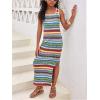 imageGirls Summer Boho Striped Sleeveless Tank Dress  Square Neck Split Thigh Long MaxiBlue Green
