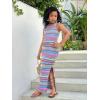 imageGirls Summer Boho Striped Sleeveless Tank Dress  Square Neck Split Thigh Long MaxiPurple Blue