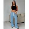 imageWomens Drawstring Waist Straight Streetwear Wide Leg Sweatpants Casual Loose Baggy Workout Long Summer PantsSolid Blue