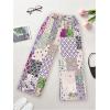 imageWomens Patchwork Graphic Pant Colorblock High Waisted Straight Leg Boho PantsPurple