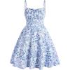 imageGirls Floral Print Summer Dress Bowknot Ruched Bust A Line Cami Dress High Waist Ruffle Hem Cute Sun DressesBlue and White