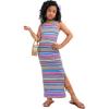 imageGirls Summer Boho Striped Sleeveless Tank Dress  Square Neck Split Thigh Long MaxiPurple Blue