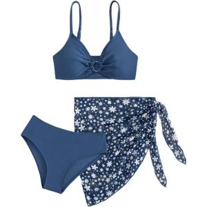 imageGirls 3 Piece Swimsuit Sets O Ring Wireless Bathing Suit with Ditsy Floral Mesh Cover Up SkirtDeep Blue