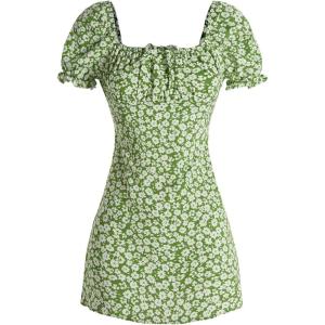 imageGirls Boho Summer Dress Floral Short Sleeve Square Neck Cute A Line Mini Short Spring DressesGreen