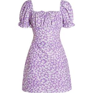imageGirls Boho Summer Dress Floral Short Sleeve Square Neck Cute A Line Mini Short Spring DressesLilac Purple