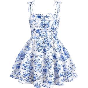 imageGirls Floral Cami Dress Ruched Sleeveless Pink Layered Ruffle Kawaii Short Floral Summer DressesBlue