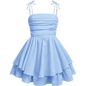 imageGirls Floral Cami Dress Ruched Sleeveless Pink Layered Ruffle Kawaii Short Floral Summer DressesLight Blue