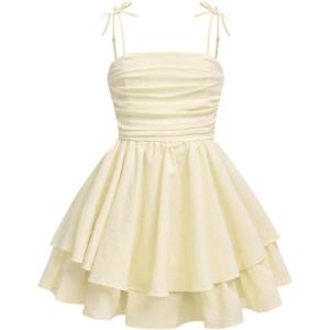 imageGirls Floral Cami Dress Ruched Sleeveless Pink Layered Ruffle Kawaii Short Floral Summer DressesMustard Yellow