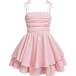 imageGirls Floral Cami Dress Ruched Sleeveless Pink Layered Ruffle Kawaii Short Floral Summer DressesPink