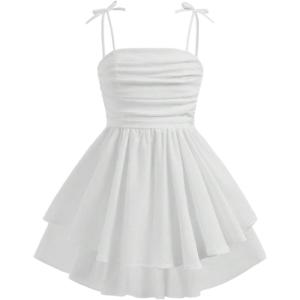 imageGirls Floral Cami Dress Ruched Sleeveless Pink Layered Ruffle Kawaii Short Floral Summer DressesWhite
