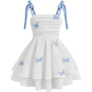imageGirls Floral Cami Dress Ruched Sleeveless Pink Layered Ruffle Kawaii Short Floral Summer DressesWhite and Blue