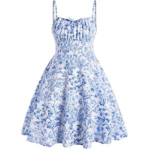 imageGirls Floral Print Summer Dress Bowknot Ruched Bust A Line Cami Dress High Waist Ruffle Hem Cute Sun DressesBlue and White