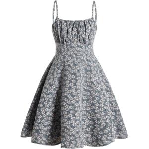 imageGirls Floral Print Summer Dress Bowknot Ruched Bust A Line Cami Dress High Waist Ruffle Hem Cute Sun DressesDark Blue