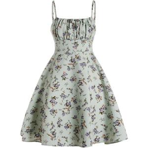 imageGirls Floral Print Summer Dress Bowknot Ruched Bust A Line Cami Dress High Waist Ruffle Hem Cute Sun DressesGreen