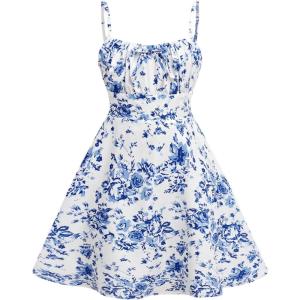 imageGirls Floral Print Summer Dress Bowknot Ruched Bust A Line Cami Dress High Waist Ruffle Hem Cute Sun DressesLight Blue