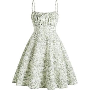 imageGirls Floral Print Summer Dress Bowknot Ruched Bust A Line Cami Dress High Waist Ruffle Hem Cute Sun DressesLight Green