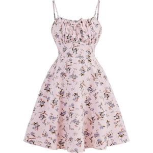 imageGirls Floral Print Summer Dress Bowknot Ruched Bust A Line Cami Dress High Waist Ruffle Hem Cute Sun DressesLight Pink