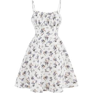 imageGirls Floral Print Summer Dress Bowknot Ruched Bust A Line Cami Dress High Waist Ruffle Hem Cute Sun DressesMauve Purple