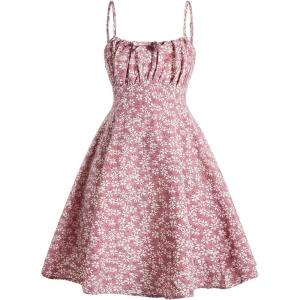 imageGirls Floral Print Summer Dress Bowknot Ruched Bust A Line Cami Dress High Waist Ruffle Hem Cute Sun DressesPink