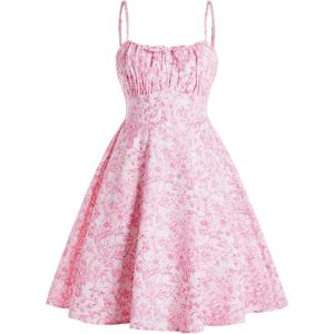 imageGirls Floral Print Summer Dress Bowknot Ruched Bust A Line Cami Dress High Waist Ruffle Hem Cute Sun DressesWhite Pink