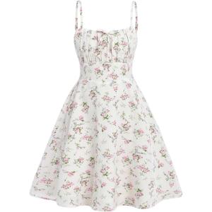 imageGirls Floral Print Summer Dress Bowknot Ruched Bust A Line Cami Dress High Waist Ruffle Hem Cute Sun DressesWhite and Pink