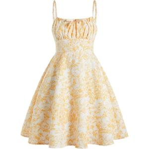 imageGirls Floral Print Summer Dress Bowknot Ruched Bust A Line Cami Dress High Waist Ruffle Hem Cute Sun DressesYellow