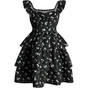 imageGirls Floral Summer Dress Ruffle Shirred High Waist Ruched Sweetheart A Line Spring DressBlack