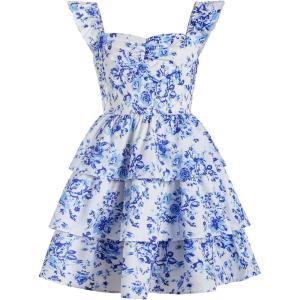 imageGirls Floral Summer Dress Ruffle Shirred High Waist Ruched Sweetheart A Line Spring DressBlue White Floral