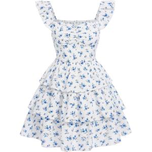 imageGirls Floral Summer Dress Ruffle Shirred High Waist Ruched Sweetheart A Line Spring DressBlue and White