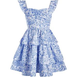 imageGirls Floral Summer Dress Ruffle Shirred High Waist Ruched Sweetheart A Line Spring DressFloral Blue White