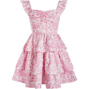 imageGirls Floral Summer Dress Ruffle Shirred High Waist Ruched Sweetheart A Line Spring DressFloral Pink