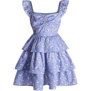 imageGirls Floral Summer Dress Ruffle Shirred High Waist Ruched Sweetheart A Line Spring DressLight Blue