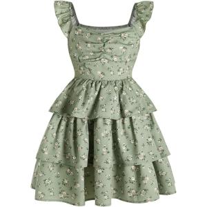 imageGirls Floral Summer Dress Ruffle Shirred High Waist Ruched Sweetheart A Line Spring DressLight Green