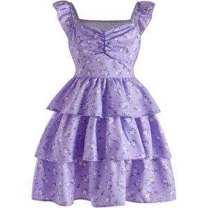imageGirls Floral Summer Dress Ruffle Shirred High Waist Ruched Sweetheart A Line Spring DressLight Purple