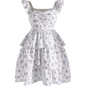 imageGirls Floral Summer Dress Ruffle Shirred High Waist Ruched Sweetheart A Line Spring DressMulticolor