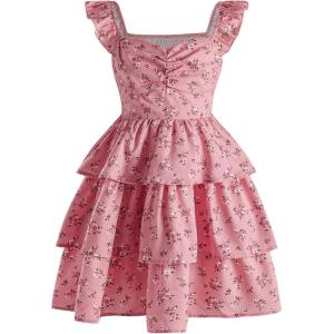 imageGirls Floral Summer Dress Ruffle Shirred High Waist Ruched Sweetheart A Line Spring DressPink