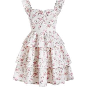 imageGirls Floral Summer Dress Ruffle Shirred High Waist Ruched Sweetheart A Line Spring DressPink and White