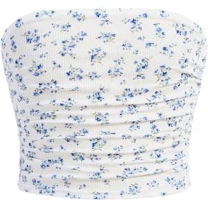 imageGirls Ruched Strapless Tube Top Sleeveless Cropped Bandeau Basic Summer Cute Tops for GirlsBlue and White