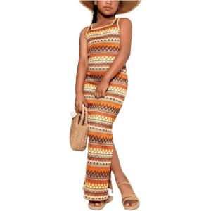 imageGirls Summer Boho Striped Sleeveless Tank Dress  Square Neck Split Thigh Long MaxiCoral Orange