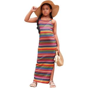 imageGirls Summer Boho Striped Sleeveless Tank Dress  Square Neck Split Thigh Long MaxiMulticolor