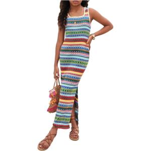imageGirls Summer Boho Striped Sleeveless Tank Dress  Square Neck Split Thigh Long MaxiMulticoloured