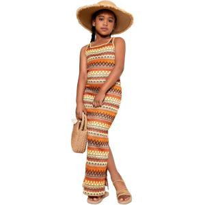 imageGirls Summer Boho Striped Sleeveless Tank Dress  Square Neck Split Thigh Long MaxiOrange Yellow