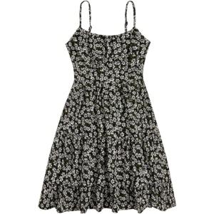 imageGirls Summer Dress Floral Ruffle Hem Spaghetti Strap Ruched Bust Cami Short Dress SundressBlack and White