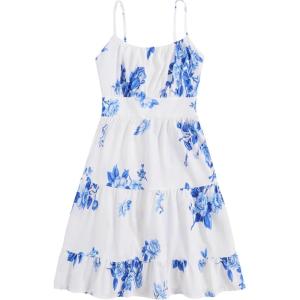 imageGirls Summer Dress Floral Ruffle Hem Spaghetti Strap Ruched Bust Cami Short Dress SundressBlue and White