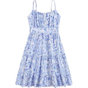 imageGirls Summer Dress Floral Ruffle Hem Spaghetti Strap Ruched Bust Cami Short Dress SundressDeep Blue White